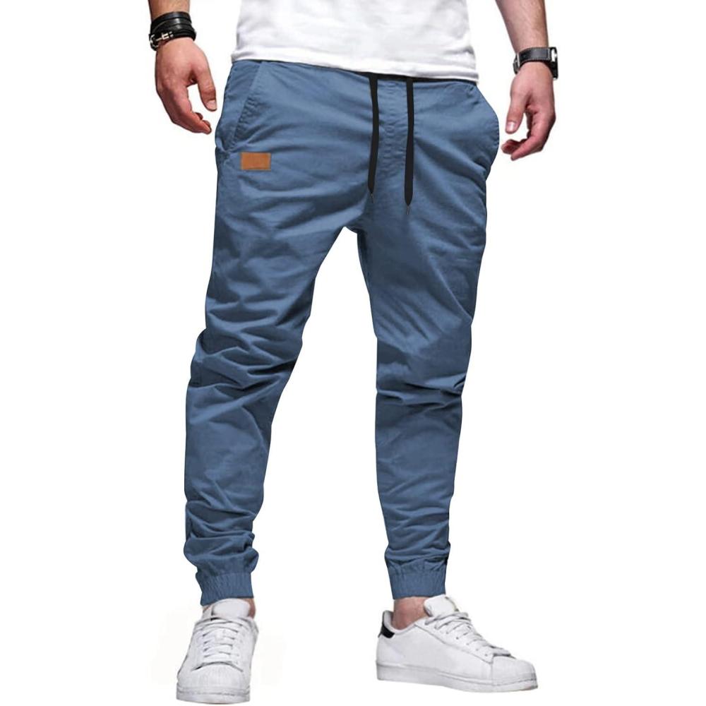 imageJMIERR Mens Casual Joggers Pants Cotton Drawstring Chino Cargo Pants Hiking Outdoor Twill Track Jogging Sweatpants PantsBlue