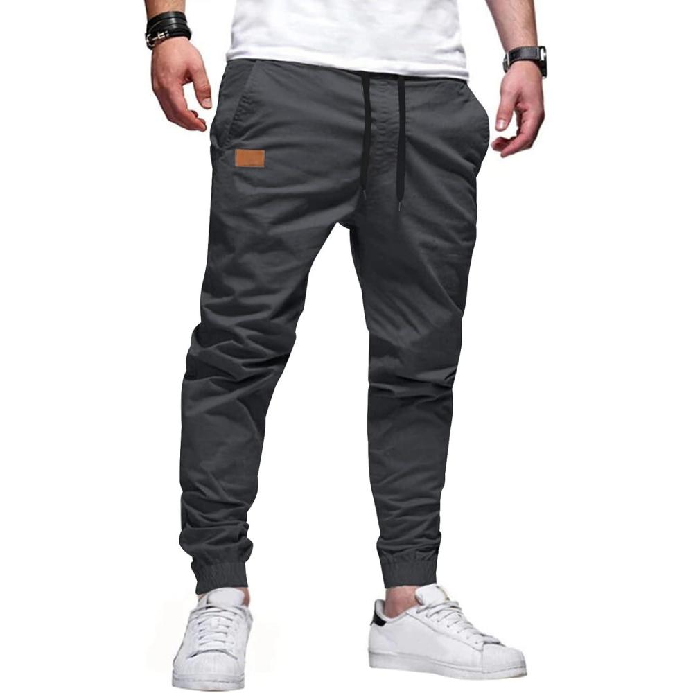 imageJMIERR Mens Casual Joggers Pants Cotton Drawstring Chino Cargo Pants Hiking Outdoor Twill Track Jogging Sweatpants PantsC Dark Grey