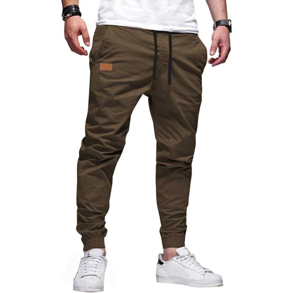 imageJMIERR Mens Casual Joggers Pants Cotton Drawstring Chino Cargo Pants Hiking Outdoor Twill Track Jogging Sweatpants PantsDark Brown