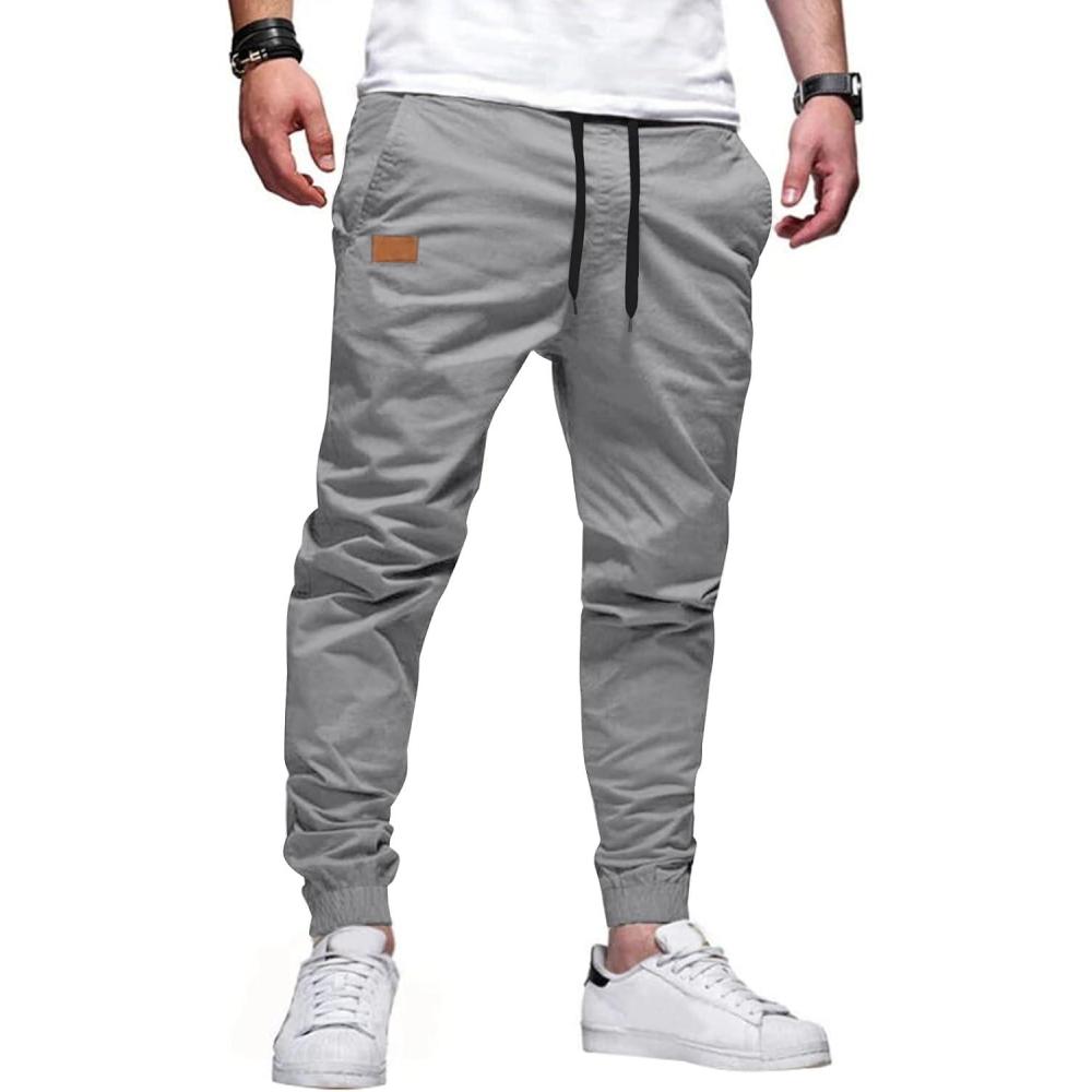 imageJMIERR Mens Casual Joggers Pants Cotton Drawstring Chino Cargo Pants Hiking Outdoor Twill Track Jogging Sweatpants PantsLight Grey