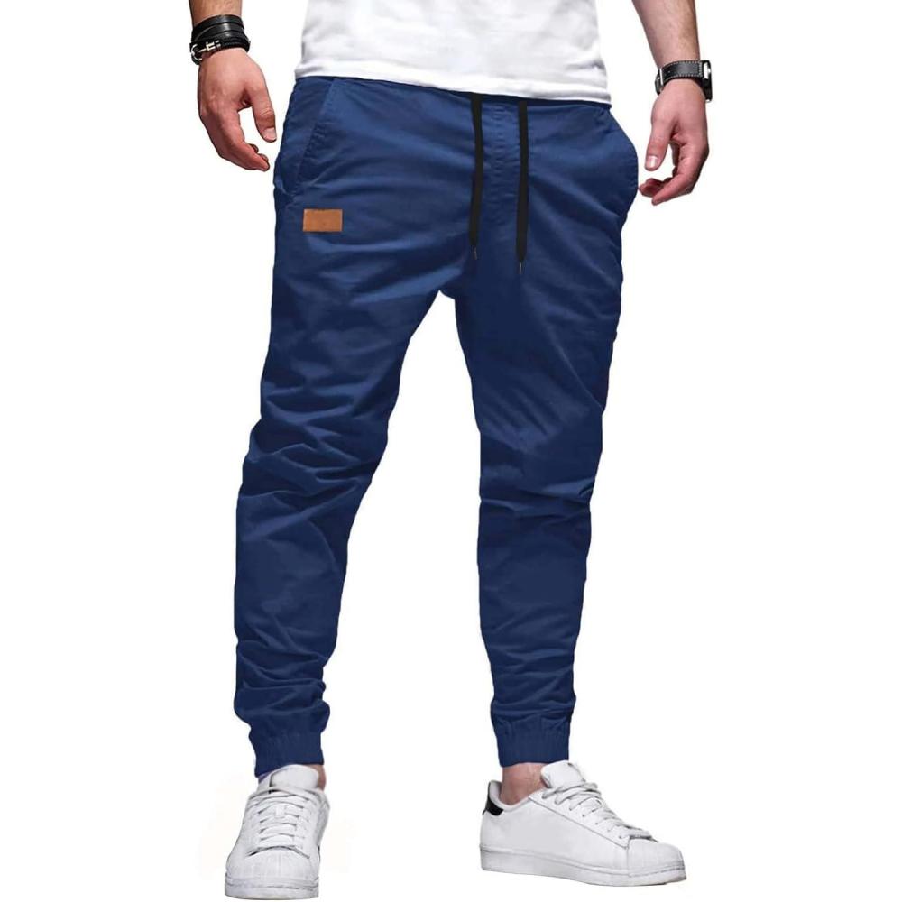 imageJMIERR Mens Casual Joggers Pants Cotton Drawstring Chino Cargo Pants Hiking Outdoor Twill Track Jogging Sweatpants PantsNavy Blue