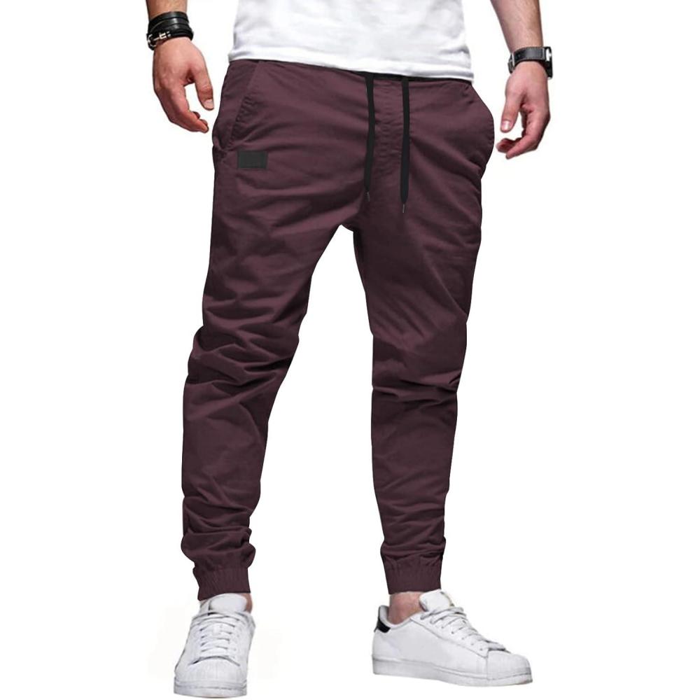 imageJMIERR Mens Casual Joggers Pants Cotton Drawstring Chino Cargo Pants Hiking Outdoor Twill Track Jogging Sweatpants PantsPurple Red