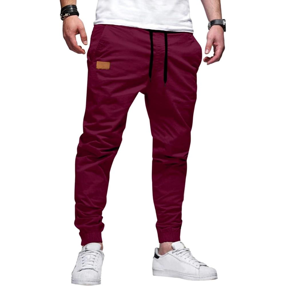 imageJMIERR Mens Casual Joggers Pants Cotton Drawstring Chino Cargo Pants Hiking Outdoor Twill Track Jogging Sweatpants PantsRed Dahlia