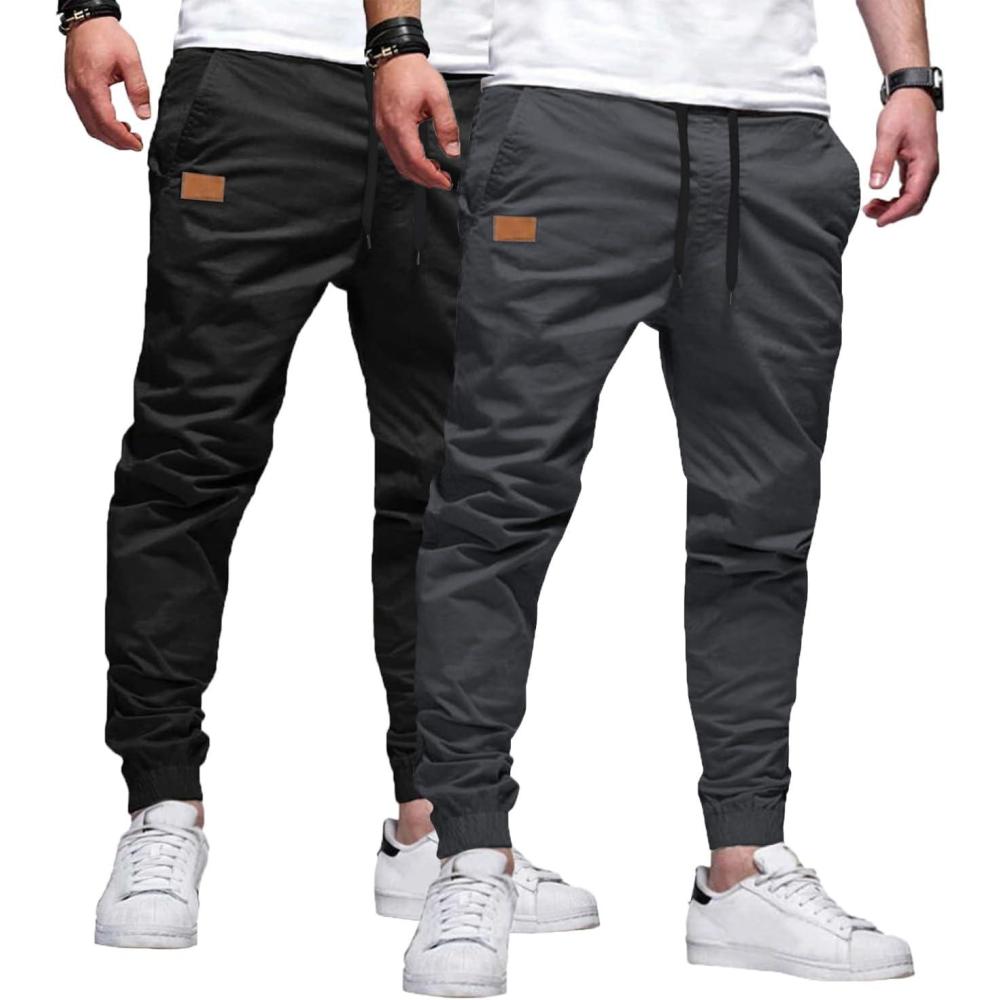 imageJMIERR Mens Casual Joggers Pants Cotton Drawstring Chino Cargo Pants Hiking Outdoor Twill Track Jogging Sweatpants PantsZ 2 Pack Black Dark Grey