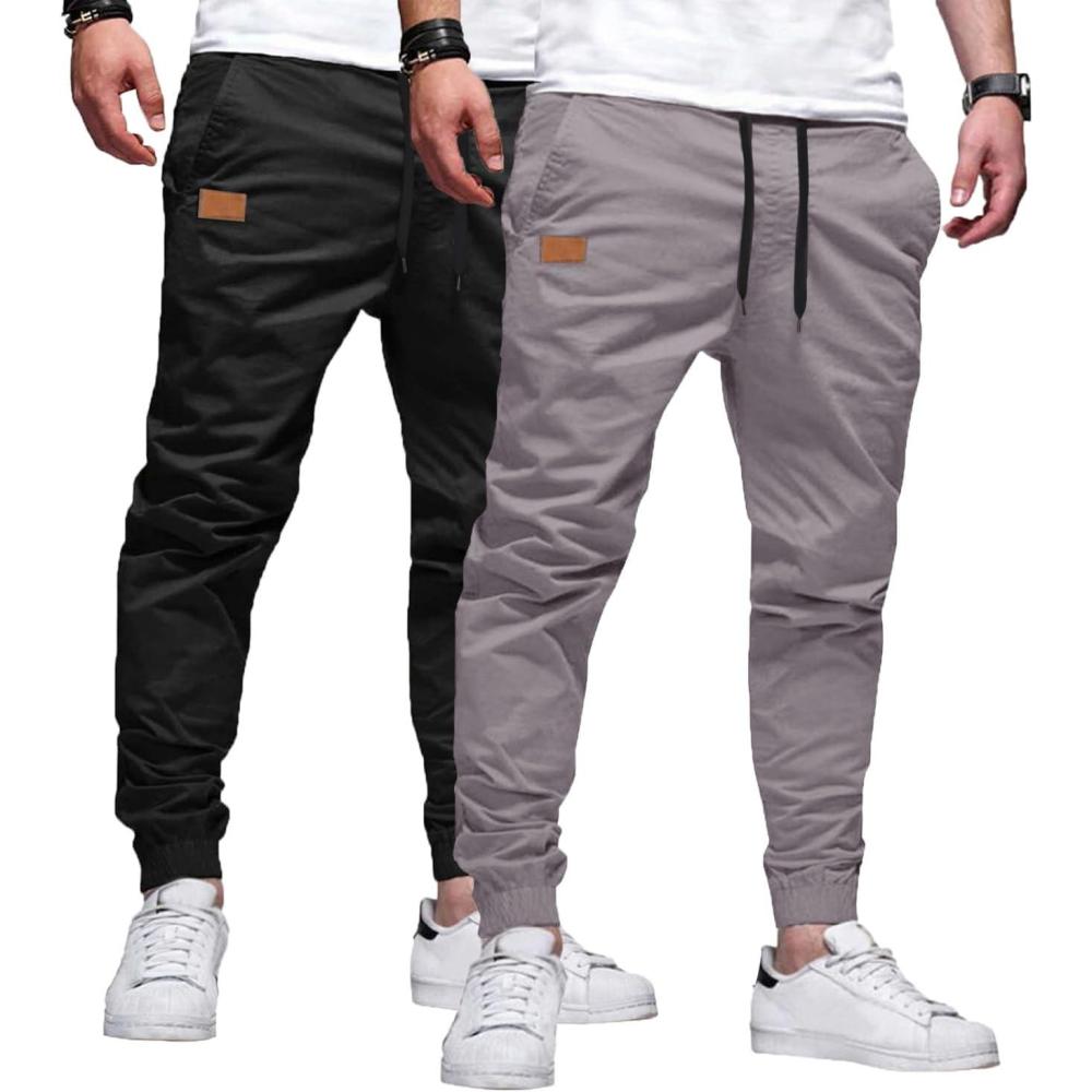 imageJMIERR Mens Casual Joggers Pants Cotton Drawstring Chino Cargo Pants Hiking Outdoor Twill Track Jogging Sweatpants PantsZ 2 Pack Black Light Grey