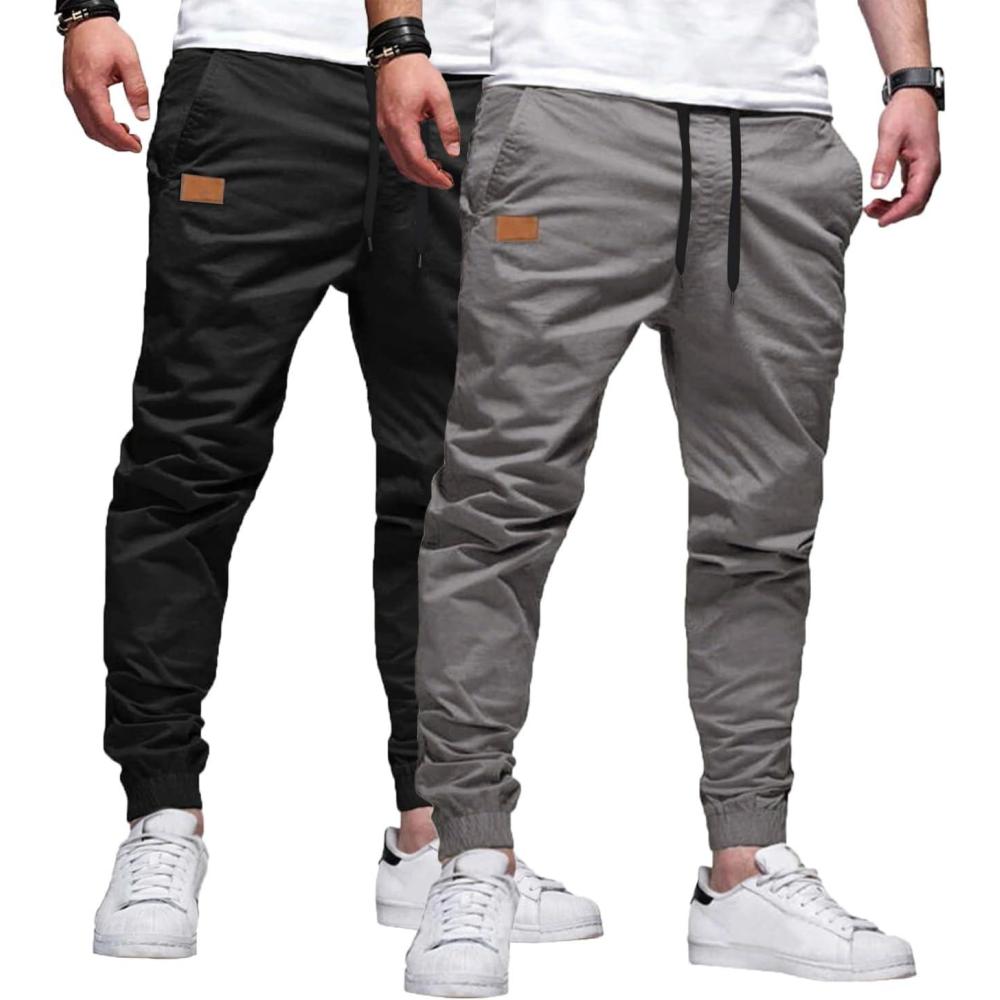 imageJMIERR Mens Casual Joggers Pants Cotton Drawstring Chino Cargo Pants Hiking Outdoor Twill Track Jogging Sweatpants PantsZ 2 Pack Black Medium Grey