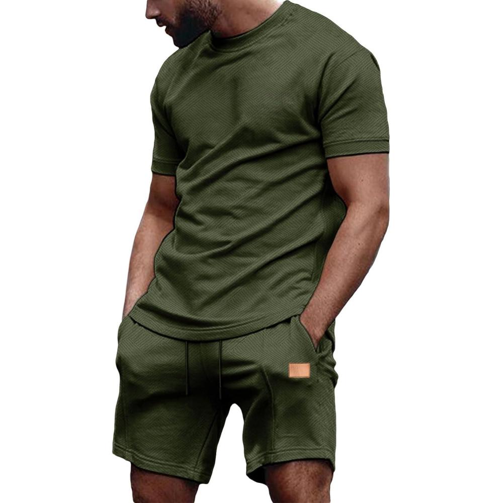 imageJMIERR Mens Casual Short Sleeve T Shirts and Shorts Summer Beach Vacation 2 Piece Outfit Lounge Workout SetsA2 Green 2