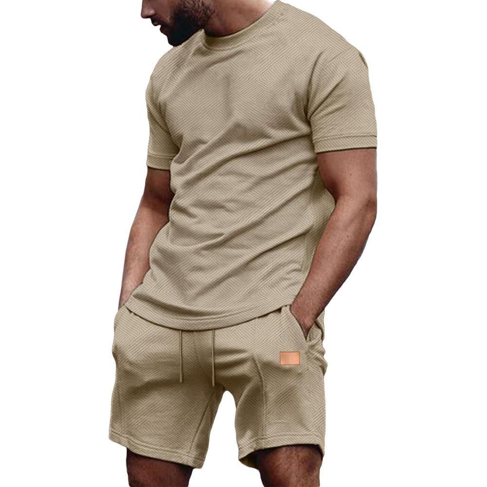imageJMIERR Mens Casual Short Sleeve T Shirts and Shorts Summer Beach Vacation 2 Piece Outfit Lounge Workout SetsA5 Khaki