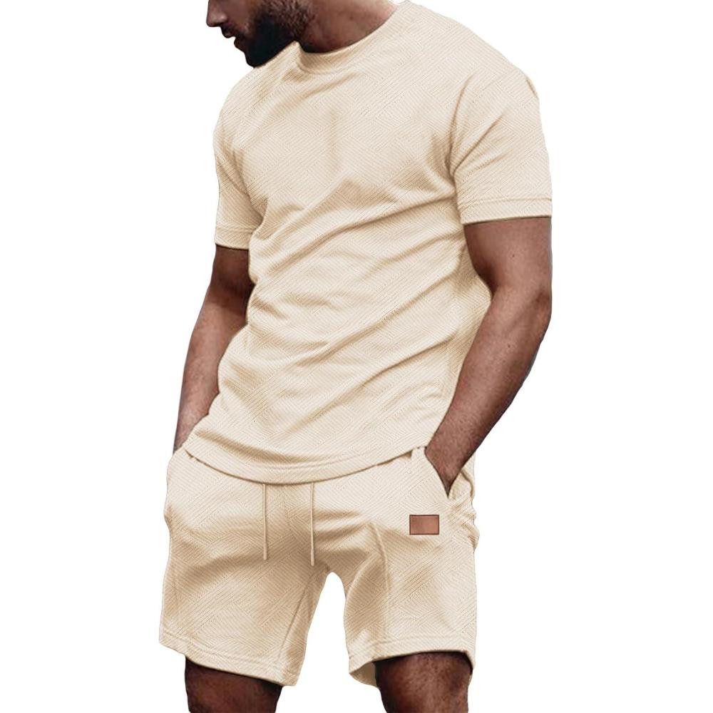 imageJMIERR Mens Casual Short Sleeve T Shirts and Shorts Summer Beach Vacation 2 Piece Outfit Lounge Workout SetsA8 Apricot