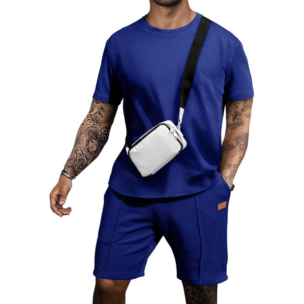 imageJMIERR Mens Casual Short Sleeve T Shirts and Shorts Summer Beach Vacation 2 Piece Outfit Lounge Workout SetsB Dark Blue