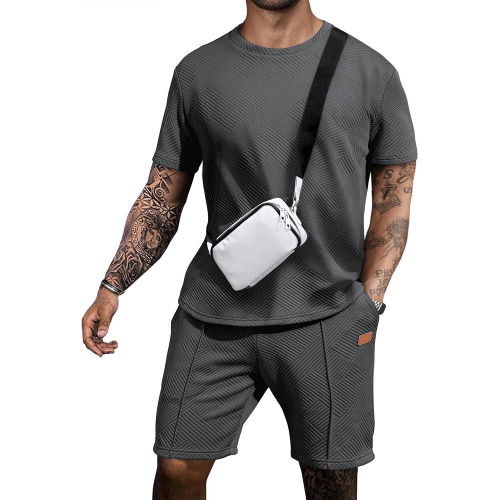 imageJMIERR Mens Casual Short Sleeve T Shirts and Shorts Summer Beach Vacation 2 Piece Outfit Lounge Workout SetsB Dark Grey