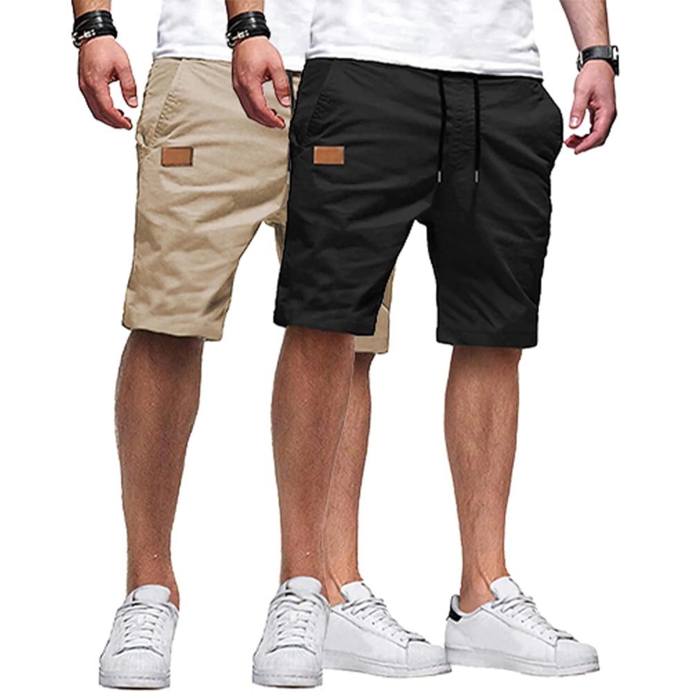 imageJMIERR Mens Casual Shorts  Cotton Drawstring Summer Beach Stretch Twill Chino Golf ShortsZ 2 Pack  Black  Apricot