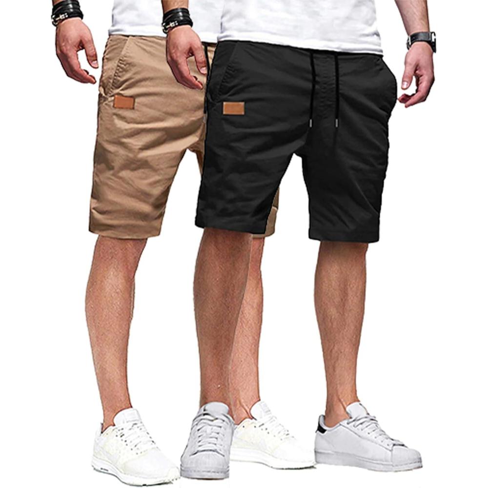 imageJMIERR Mens Casual Shorts Cotton Drawstring Summer Beach Stretch Twill Chino Golf ShortsZ 2 Pack Black Khaki