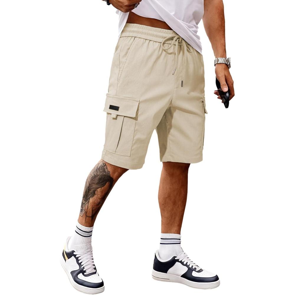 imageJMIERR Mens Casual Stretch Cargo Shorts Classic Drawstring Elastic Waist Summer Work Short with Multi PocketsApricot