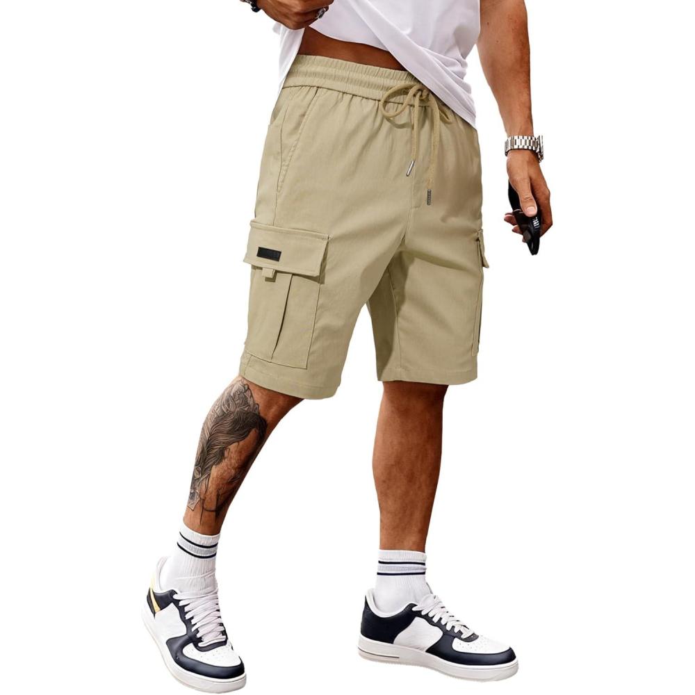 imageJMIERR Mens Casual Stretch Cargo Shorts Classic Drawstring Elastic Waist Summer Work Short with Multi PocketsBeige