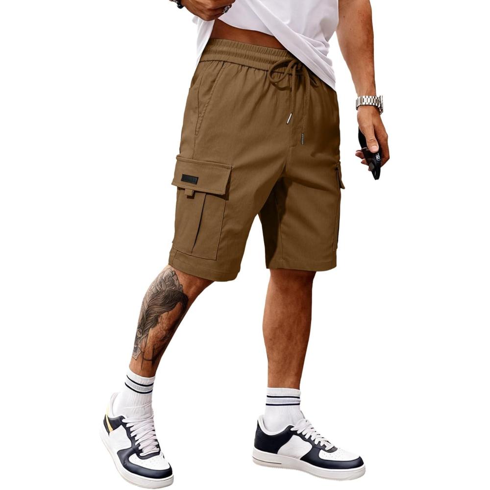 imageJMIERR Mens Casual Stretch Cargo Shorts Classic Drawstring Elastic Waist Summer Work Short with Multi PocketsCamel
