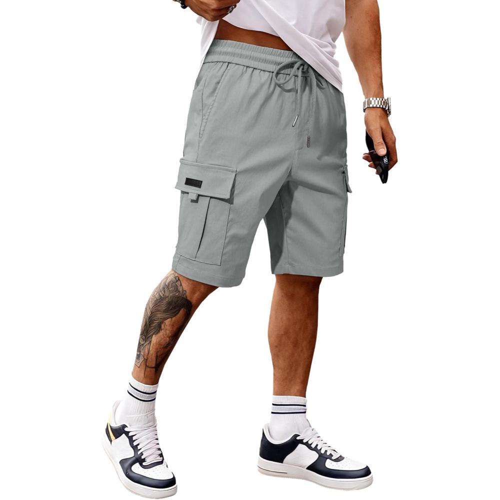 imageJMIERR Mens Casual Stretch Cargo Shorts Classic Drawstring Elastic Waist Summer Work Short with Multi PocketsLight Grey