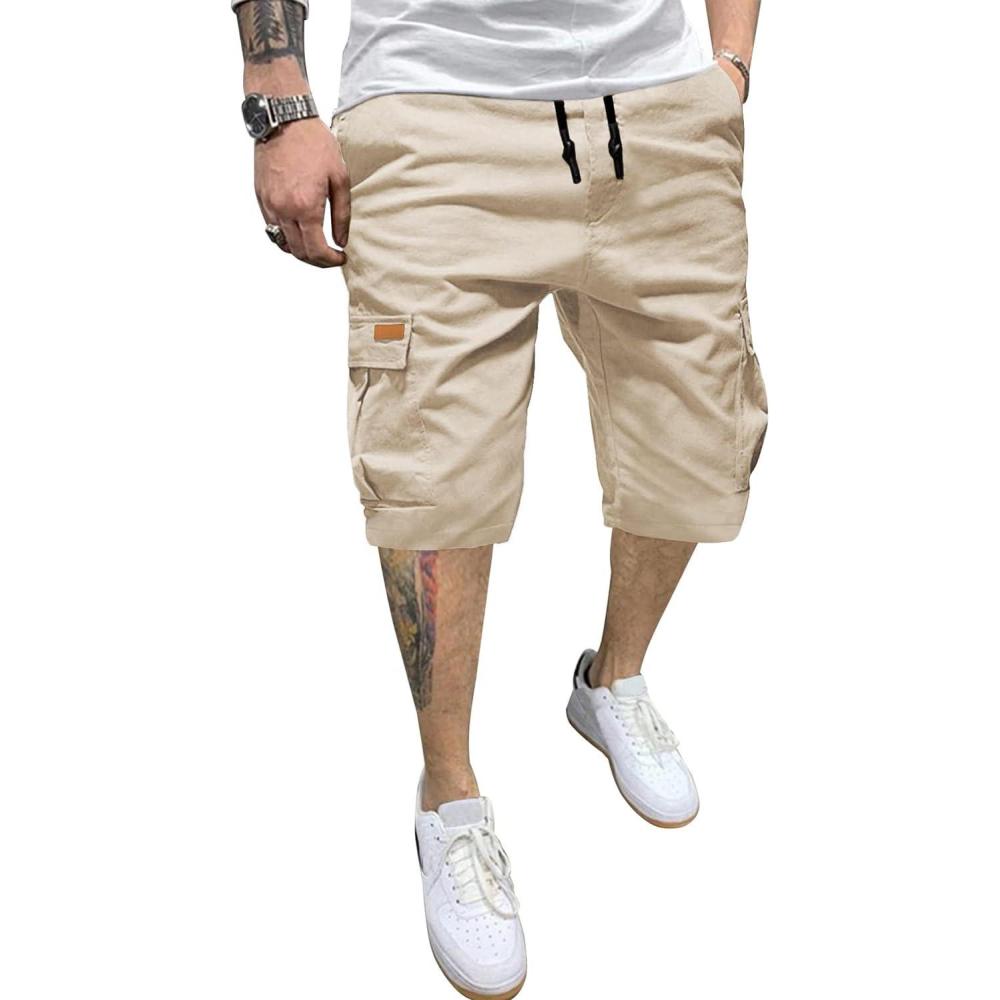 imageJMIERR Mens Casual Twill Cargo Shorts Cotton Drawstring Classic Cargo Stretch Short with 6 PocketsA Apricot