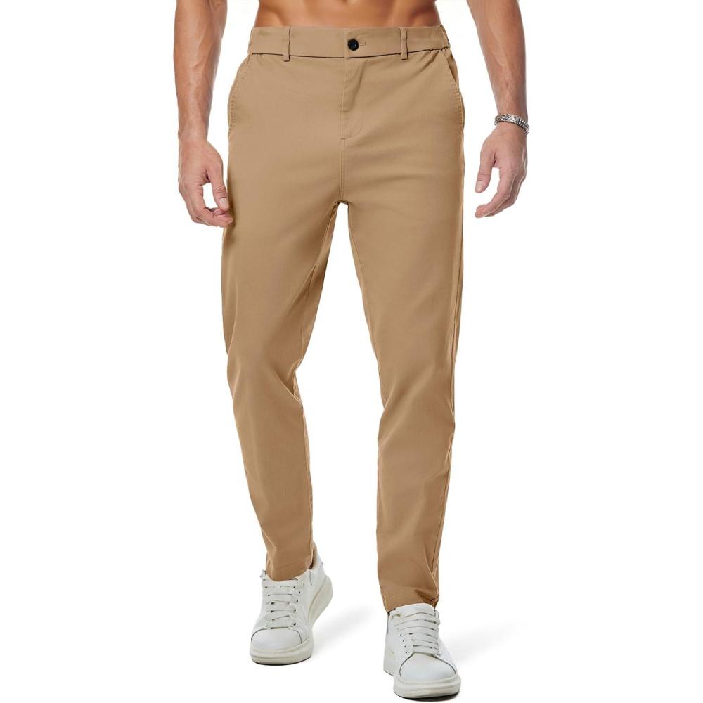 imageJMIERR Mens Chino Pants Casual Stretch Waist Tapered Trousers with PocketsA Khaki