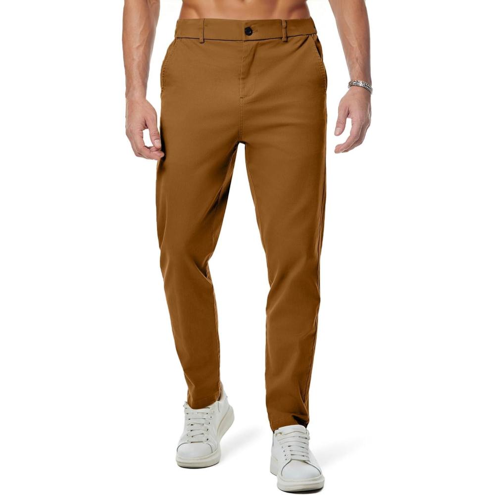 imageJMIERR Mens Chino Pants Casual Stretch Waist Tapered Trousers with PocketsCamel Brown