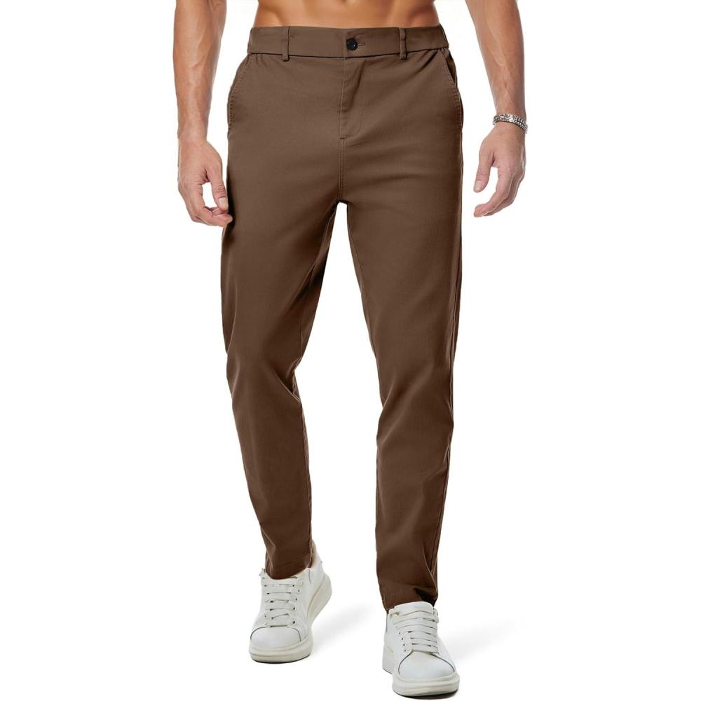 imageJMIERR Mens Chino Pants Casual Stretch Waist Tapered Trousers with PocketsCoffee