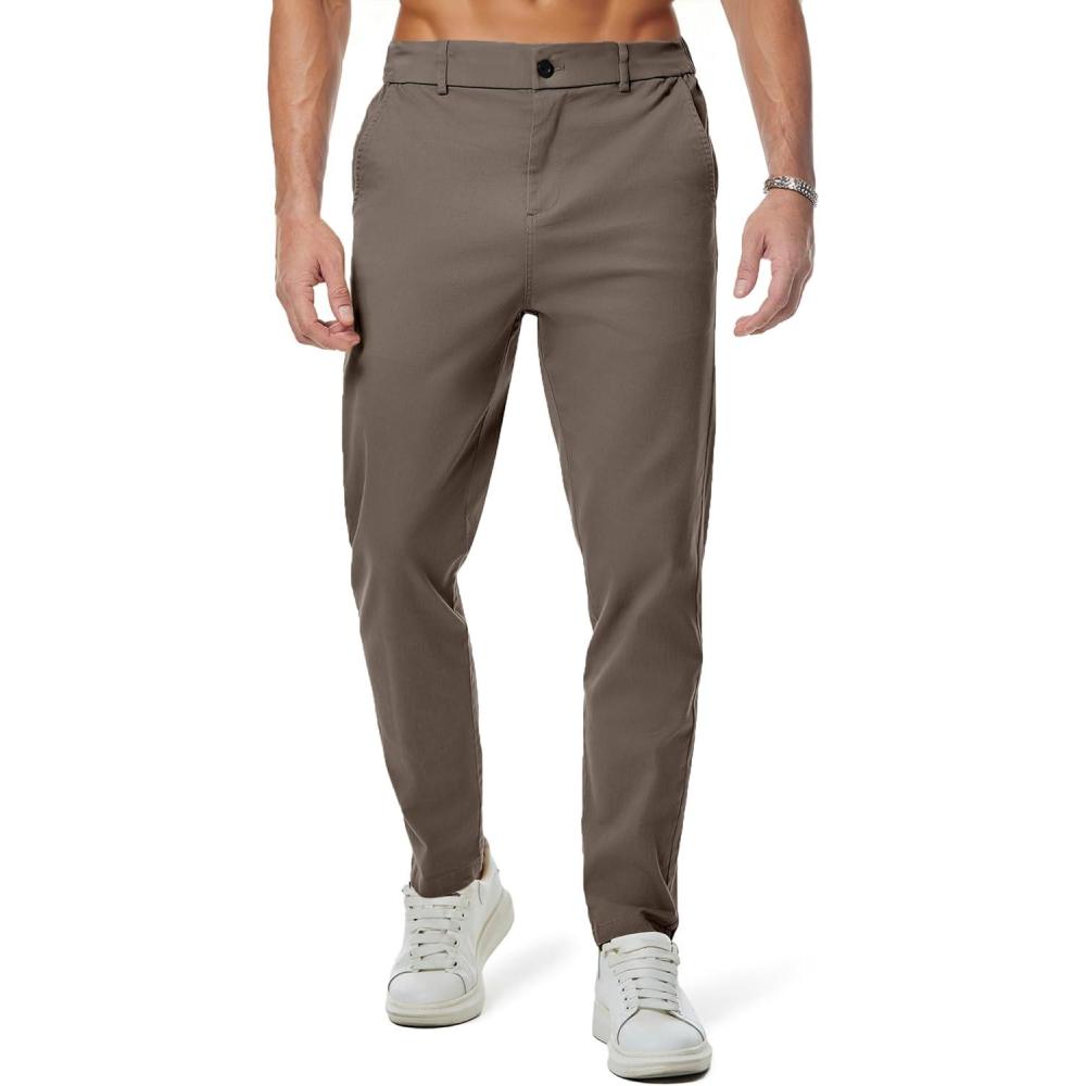 imageJMIERR Mens Chino Pants Casual Stretch Waist Tapered Trousers with PocketsGreyish Brown