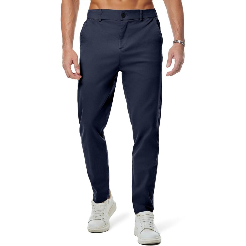 imageJMIERR Mens Chino Pants Casual Stretch Waist Tapered Trousers with PocketsNavy Blue