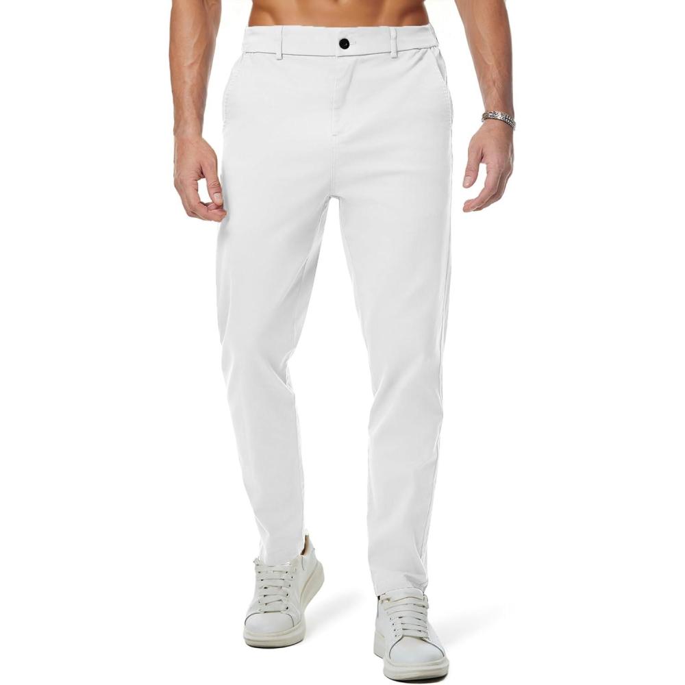imageJMIERR Mens Chino Pants Casual Stretch Waist Tapered Trousers with PocketsWhite