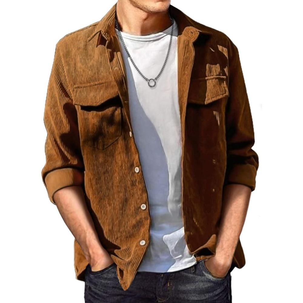 imageJMIERR Mens Corduroy Button Down Shirts Casual Long Sleeve Shacket Jacket with Flap PocketsA1 Brown