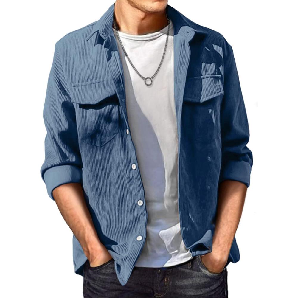 imageJMIERR Mens Corduroy Button Down Shirts Casual Long Sleeve Shacket Jacket with Flap PocketsC Blue01