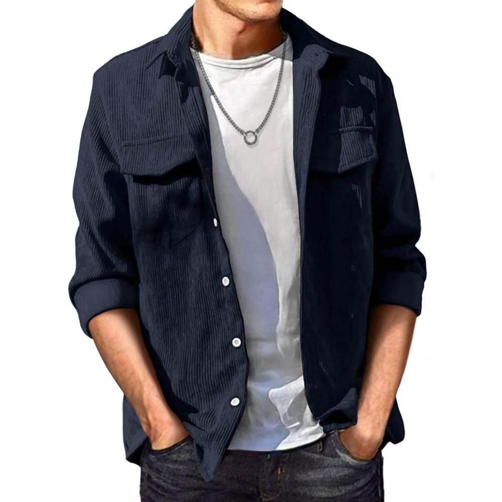 imageJMIERR Mens Corduroy Button Down Shirts Casual Long Sleeve Shacket Jacket with Flap PocketsC Blue02