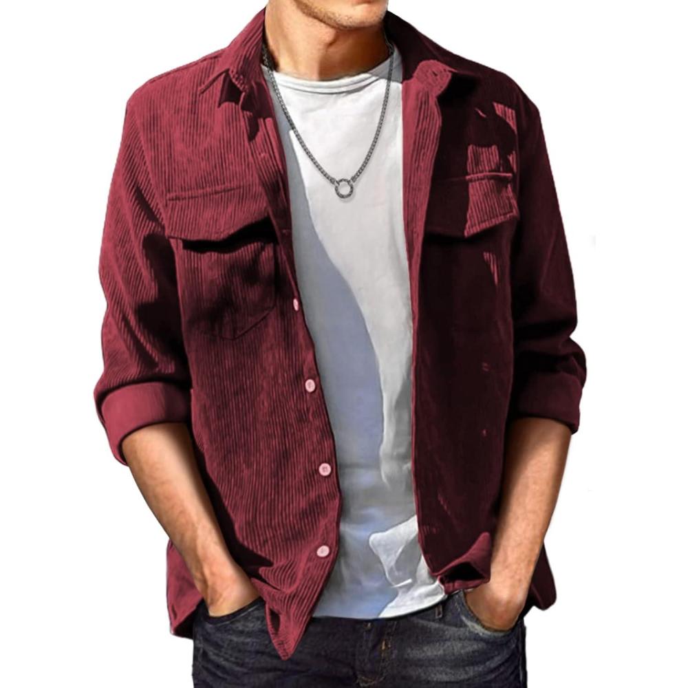 imageJMIERR Mens Corduroy Button Down Shirts Casual Long Sleeve Shacket Jacket with Flap PocketsD Red