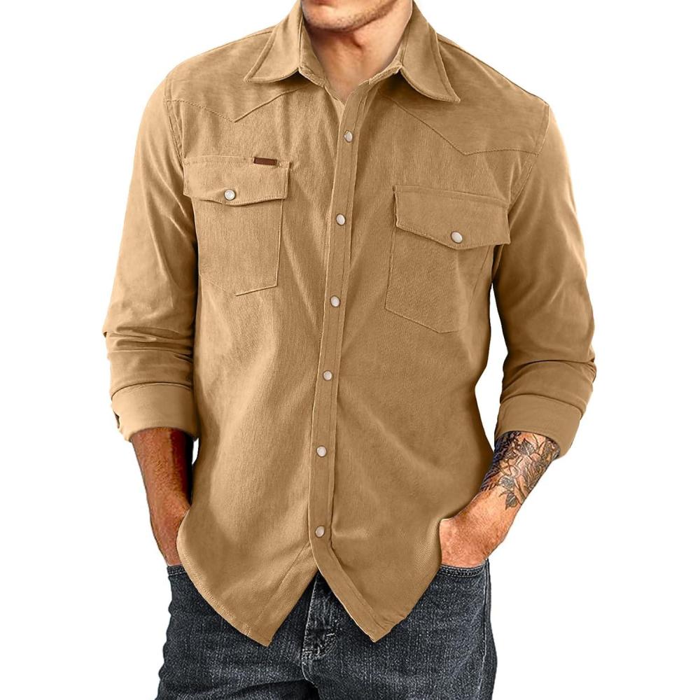 imageJMIERR Mens Corduroy Shirts Casual Western Long Sleeve Button Down Shacket Jackets with 2 Flap PocketA1 Khaki