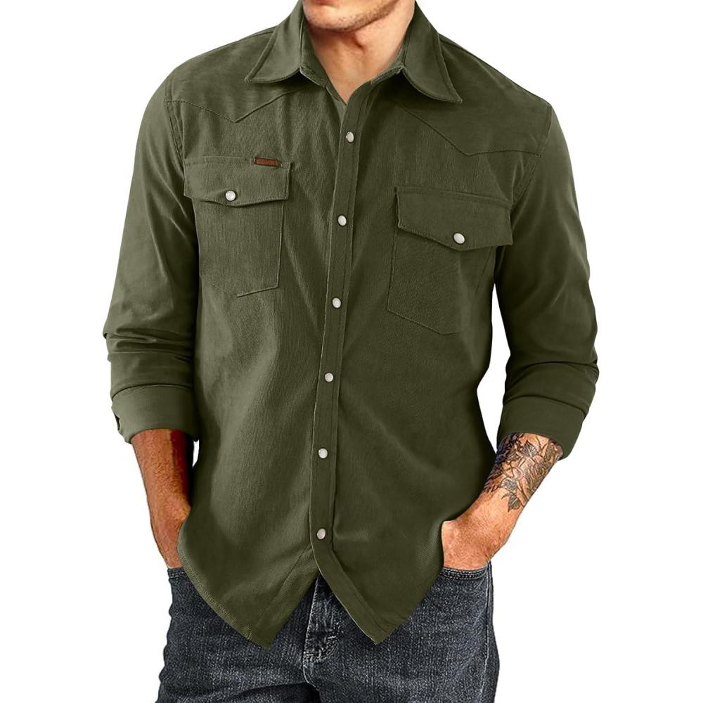 imageJMIERR Mens Corduroy Shirts Casual Western Long Sleeve Button Down Shacket Jackets with 2 Flap PocketA2 Green