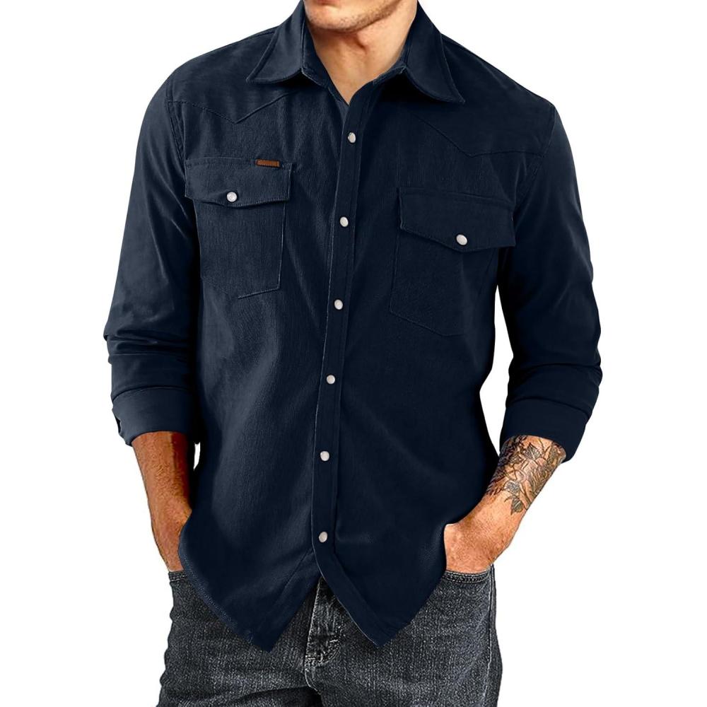 imageJMIERR Mens Corduroy Shirts Casual Western Long Sleeve Button Down Shacket Jackets with 2 Flap PocketA3 Blue