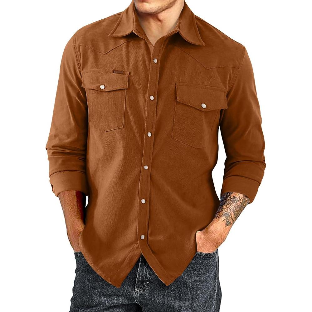 imageJMIERR Mens Corduroy Shirts Casual Western Long Sleeve Button Down Shacket Jackets with 2 Flap PocketA4 Brown