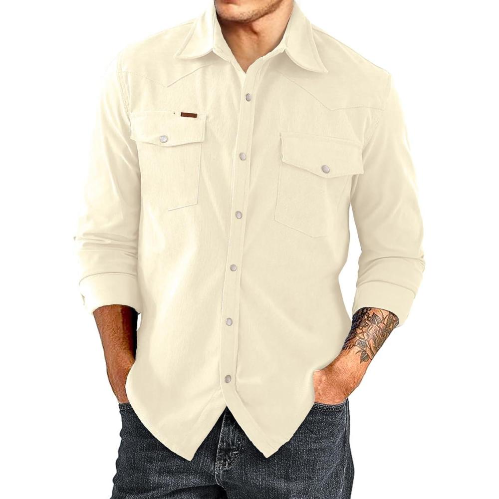 imageJMIERR Mens Corduroy Shirts Casual Western Long Sleeve Button Down Shacket Jackets with 2 Flap PocketA6 Apricot