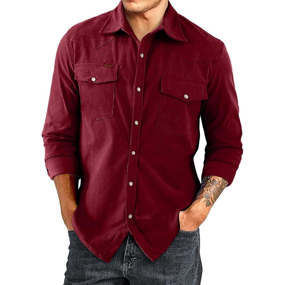 imageJMIERR Mens Corduroy Shirts Casual Western Long Sleeve Button Down Shacket Jackets with 2 Flap PocketA6 Biking Red
