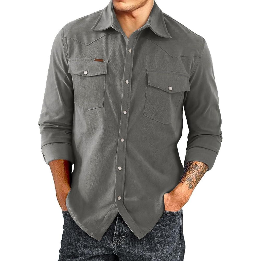 imageJMIERR Mens Corduroy Shirts Casual Western Long Sleeve Button Down Shacket Jackets with 2 Flap PocketA6 Grey