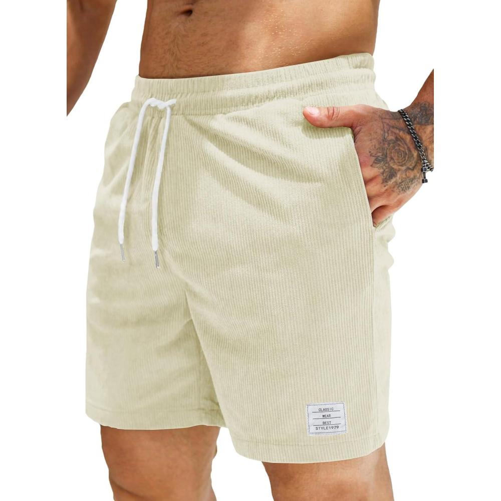 imageJMIERR Mens Corduroy Shorts Casual Elastic Waist Drawstring Lightweight Summer Beach ShortsA3 Beige