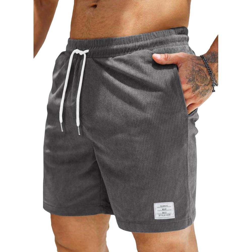 imageJMIERR Mens Corduroy Shorts Casual Elastic Waist Drawstring Lightweight Summer Beach ShortsA3 Dark Grey