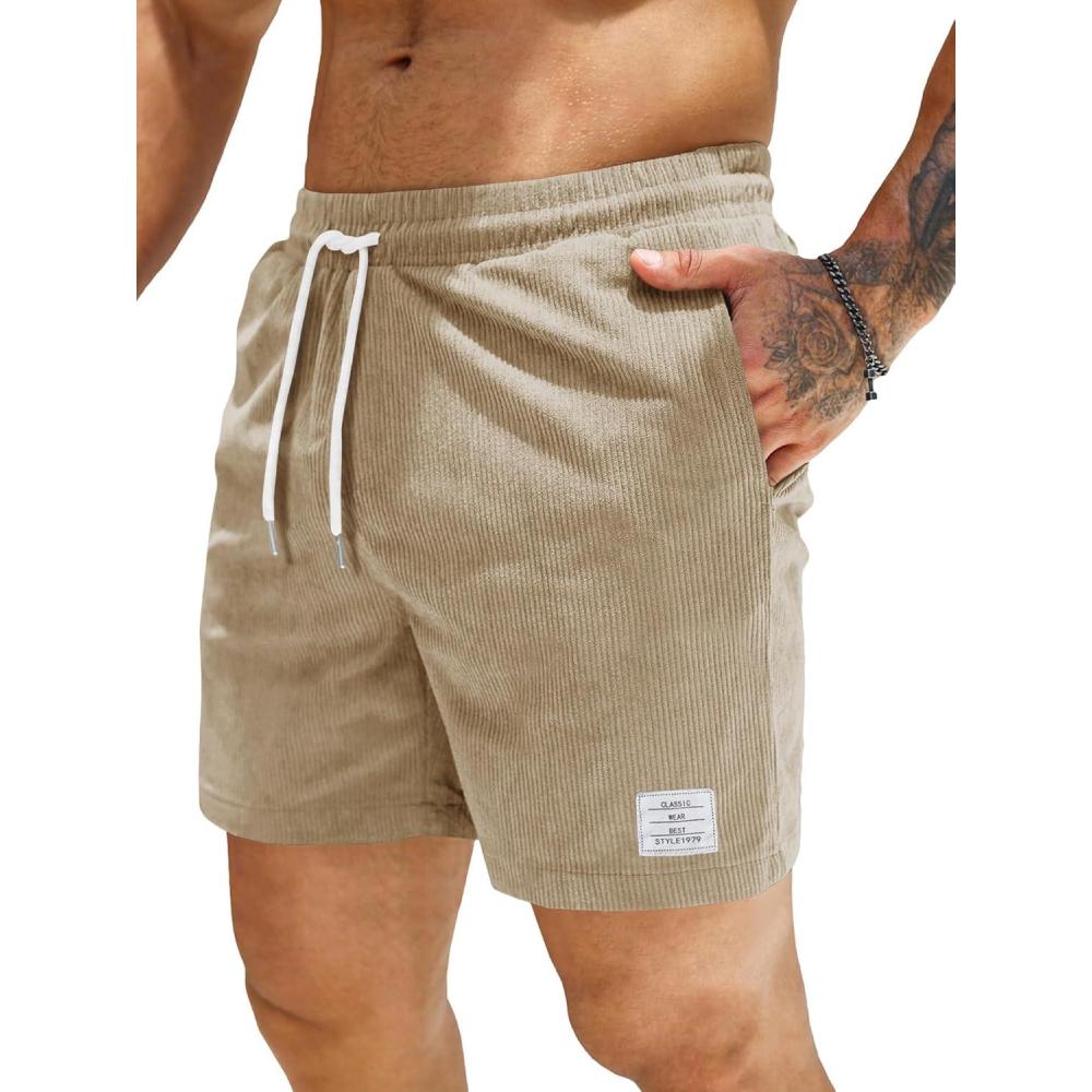 imageJMIERR Mens Corduroy Shorts Casual Elastic Waist Drawstring Lightweight Summer Beach ShortsC Parchment