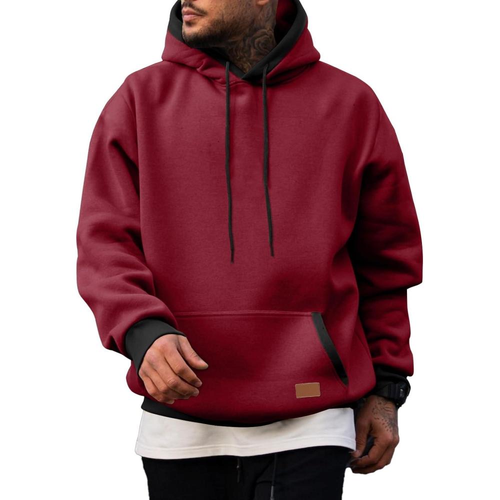 imageJMIERR Mens Cotton Casual Hoodies Sweatshirts Fashion Long Sleeve Drawstring Fleece Pullover Hoodie with PocketsB Red