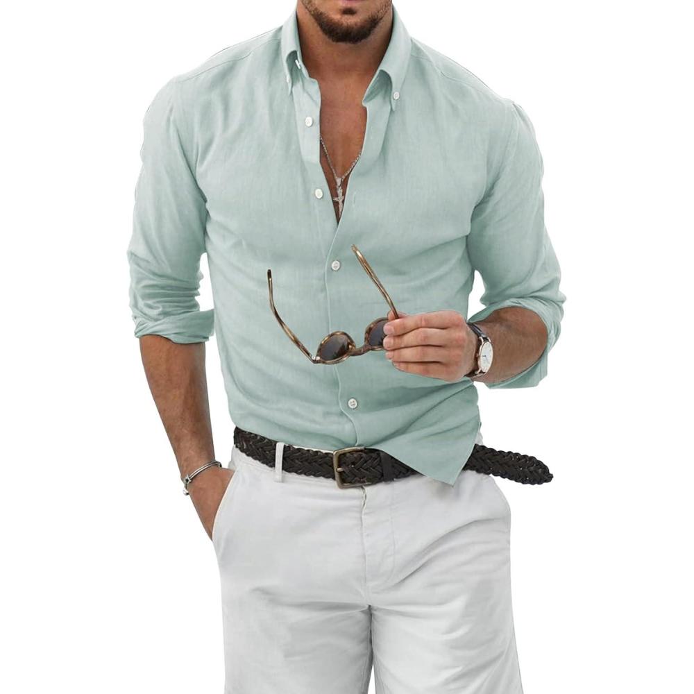 imageJMIERR Mens Cotton Linen Button Down Shirt Casual Stylish Long Sleeve Business Dress ShirtsC Green2