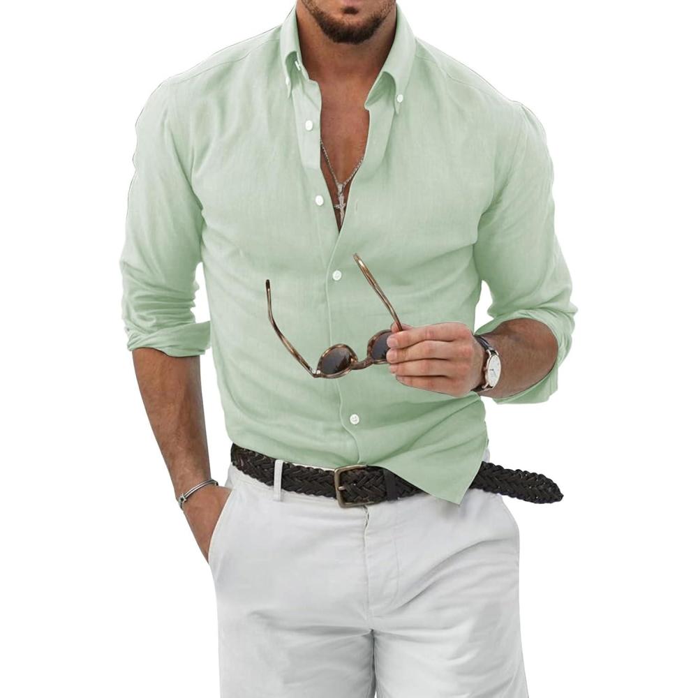imageJMIERR Mens Cotton Linen Button Down Shirt Casual Stylish Long Sleeve Business Dress ShirtsC Green7