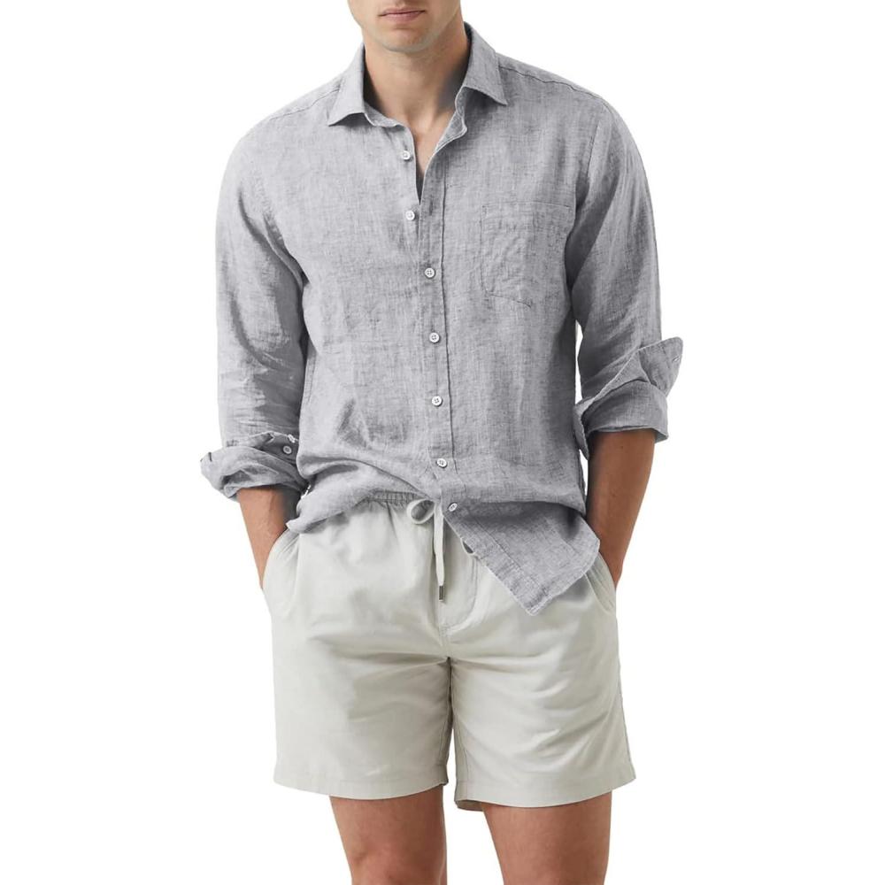 imageJMIERR Mens Cotton Linen Casual Stylish Button Down Shirt Long Sleeve Dress ShirtsA Grey