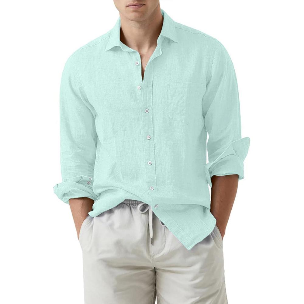 imageJMIERR Mens Cotton Linen Casual Stylish Button Down Shirt Long Sleeve Dress ShirtsA1 Green