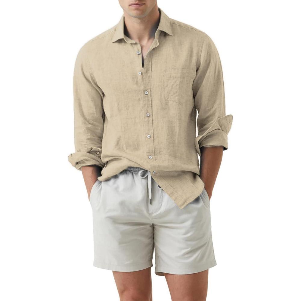 imageJMIERR Mens Cotton Linen Casual Stylish Button Down Shirt Long Sleeve Dress ShirtsB5 Khaki