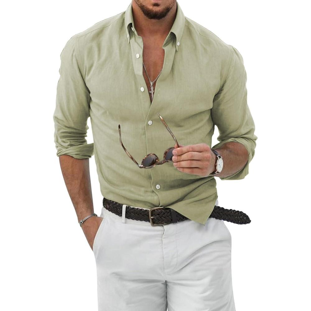 imageJMIERR Mens Cotton Linen Casual Stylish Button Down Shirt Long Sleeve Dress ShirtsC Green4