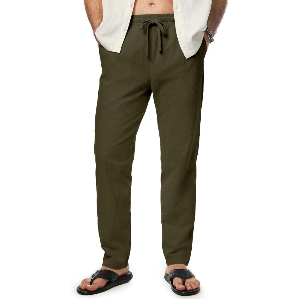 imageJMIERR Mens Cotton Pants Casual Elastic Waist Drawstring Lightweight Summer Beach Trousers with PocketsDark Green